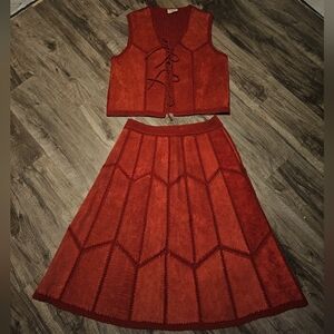 Vintage 70s Red Hippie Festival Patchwork Skirt Vest Set size 29 waist